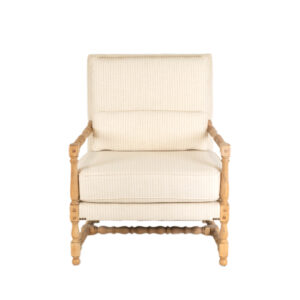 Light Wood Framed Armchair with Tan on White Pinstripe Upholstery