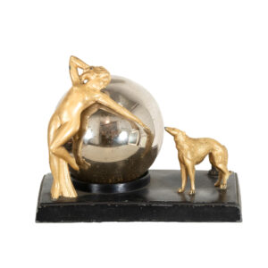 Vintage Art Deco Chrome Orb Lamp with Woman and Dog