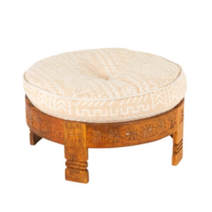 Round Carved Wood Ottoman with Beige Upholstery