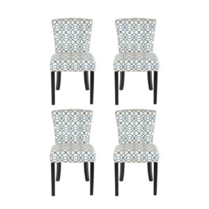 Set of 4 Dining Chairs in Blue and White Upholstery