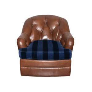 LEE INDUSTRIES Brown Leather Chair with Navy Striped Cushion