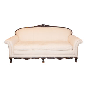 Antique Carved Wood Framed Sofa Reupholstered in Ivory Linen
