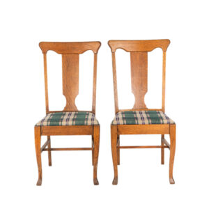 Antique Pair of Oak Splat Back Chairs with Plaid Upholstery