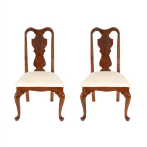 Pair of Mahogany Queen Anne Style Dining Chairs with Ivory Upholstery