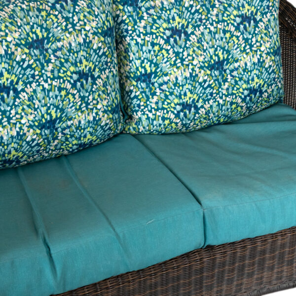 All Weather Wicker Loveseat with Blue Cushions - Image 4