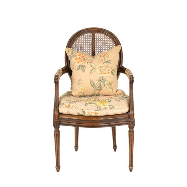 French Louis XVI Style Cane Back Armchair with Floral Upholstery - Image 1
