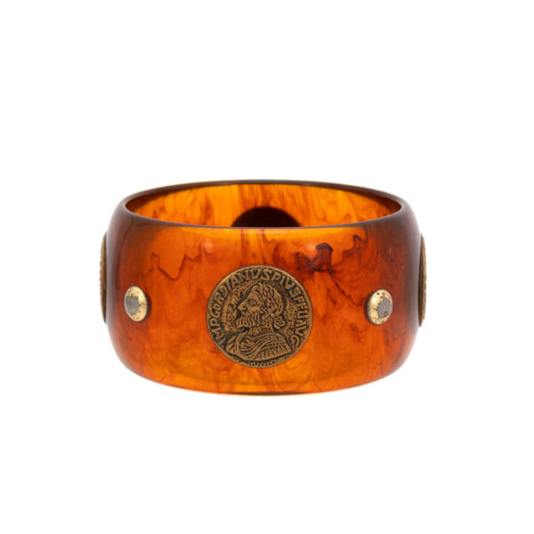 Vintage Bakelite Wide Tortoise Shell Bangle with Coin and Rivet Accents - Image 1