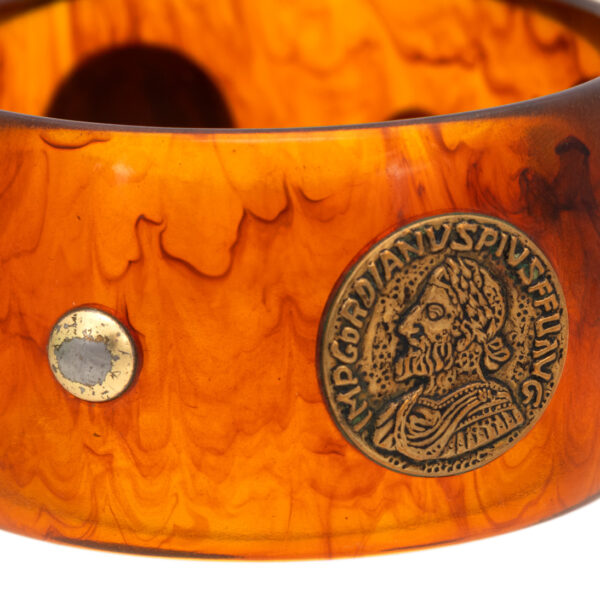 Vintage Bakelite Wide Tortoise Shell Bangle with Coin and Rivet Accents - Image 2