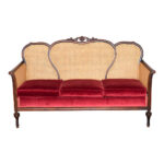 Antique Victorian Cane Back Parlor Sofa in Red Velvet Upholstery