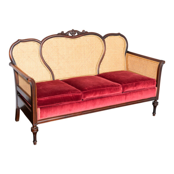 Antique Victorian Cane Back Parlor Sofa in Red Velvet Upholstery - Image 2