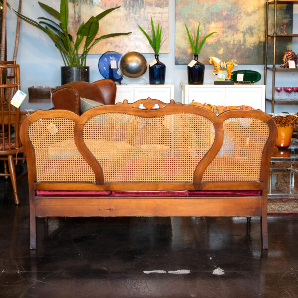 Antique Victorian Cane Back Parlor Sofa in Red Velvet Upholstery - Image 8