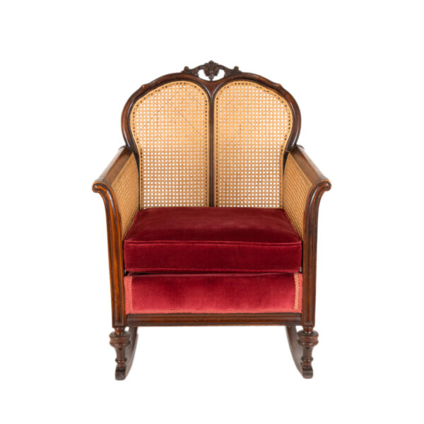 Antique Victorian Cane Back Parlor Rocker in Red Velvet Upholstery - Image 1