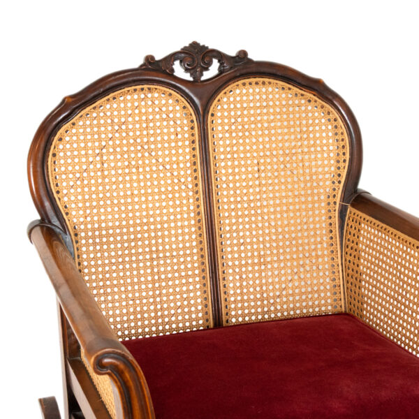 Antique Victorian Cane Back Parlor Rocker in Red Velvet Upholstery - Image 3