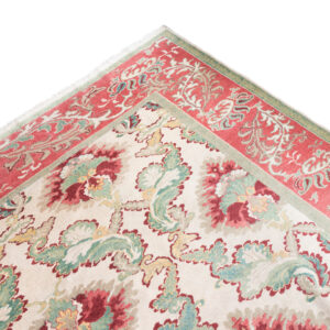 9’6” x 8’2” Hand Knotted Foliate Wool Rug in Rose Red and Green