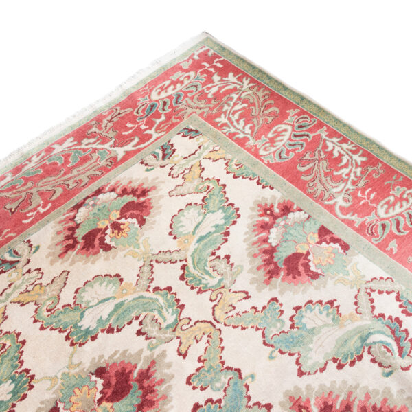 9’6” x 8’2” Hand Knotted Foliate Wool Rug in Rose Red and Green - Image 1