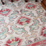 9’6” x 8’2” Hand Knotted Foliate Wool Rug in Rose Red and Green - Image 3