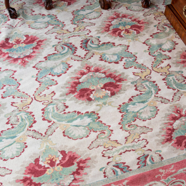 9’6” x 8’2” Hand Knotted Foliate Wool Rug in Rose Red and Green - Image 3