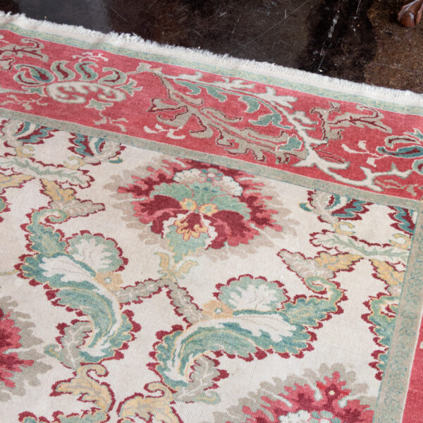 9’6” x 8’2” Hand Knotted Foliate Wool Rug in Rose Red and Green - Image 4