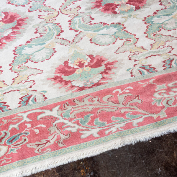 9’6” x 8’2” Hand Knotted Foliate Wool Rug in Rose Red and Green - Image 5