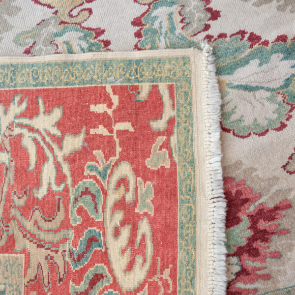 9’6” x 8’2” Hand Knotted Foliate Wool Rug in Rose Red and Green - Image 6