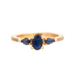 Sapphire and Diamond Ring with Carved Leaf Accents in 14 Karat Gold