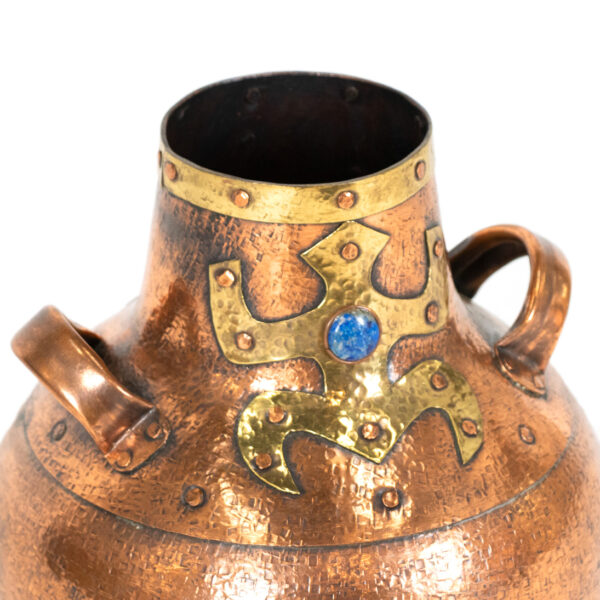 Vintage Peruvian Style Arts and Crafts Hammered Copper Vase with Lapis Accent - Image 2
