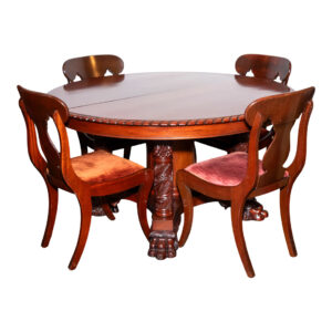 Antique American Empire Dining Table with 3 Leaves and 4 Chairs