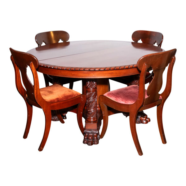 Antique American Empire Dining Table with 3 Leaves and 4 Chairs - Image 1