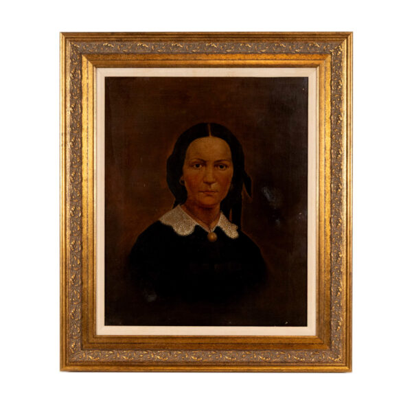 Antique Oil Portrait on Canvas of a Woman in Black - Image 1