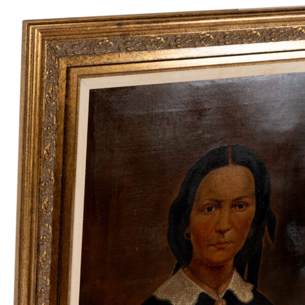 Antique Oil Portrait on Canvas of a Woman in Black - Image 3