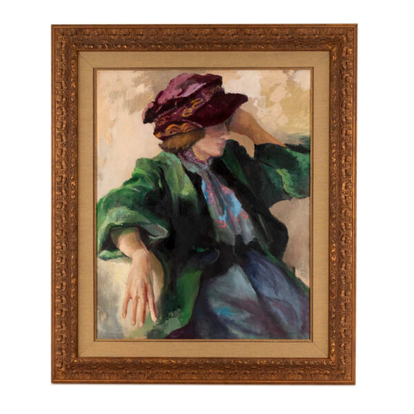 Original Oil on Canvas of Woman in Burgundy Hat - Image 1