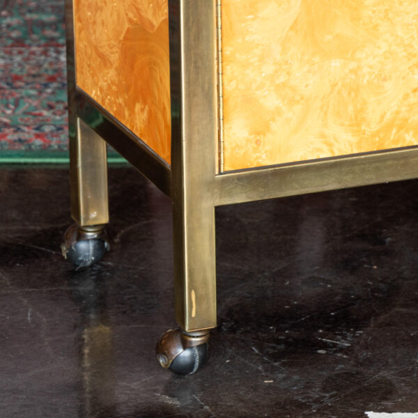 Vintage TOMLINSON Mid Century Modern Burlwood and Brass Mobile Server - Image 4