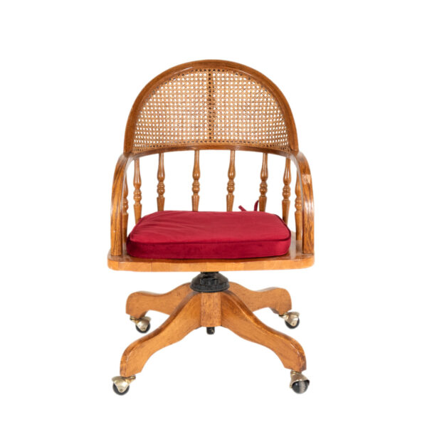 Vintage Oak Cane Back Desk Chair with Red Cushion - Image 1