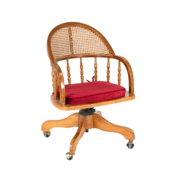 Vintage Oak Cane Back Desk Chair with Red Cushion - Image 2