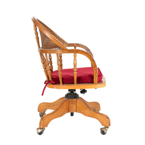 Vintage Oak Cane Back Desk Chair with Red Cushion - Image 6