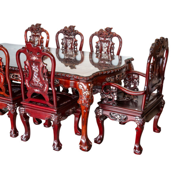 Vintage Siam Rosewood and Mother of Pearl Dining Table with 8 Chairs - Image 1