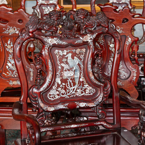 Vintage Siam Rosewood and Mother of Pearl Dining Table with 8 Chairs - Image 7