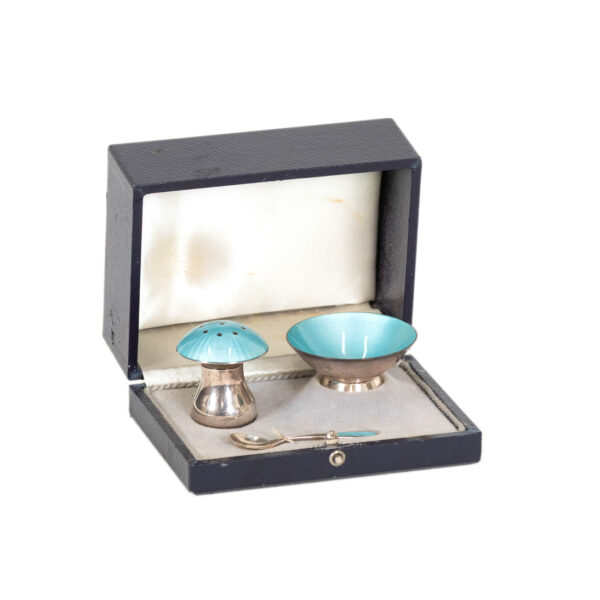 Vintage ELA DENMARK Danish Modern Sterling and Enamel Mushroom Pepper Shaker and Salt Bowl - Image 1
