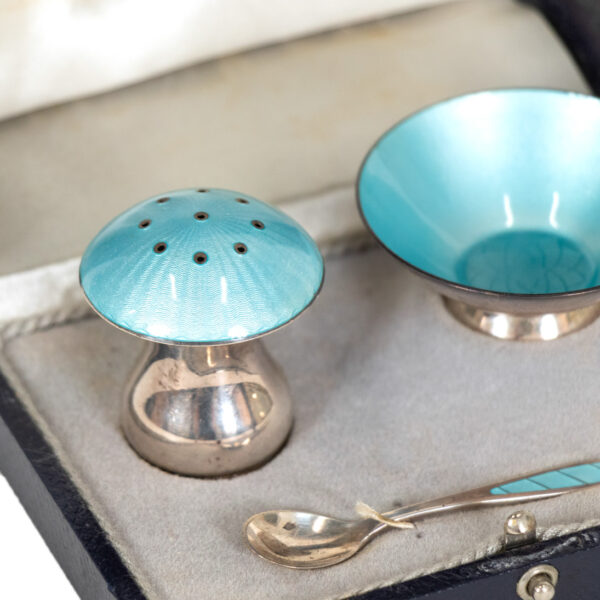 Vintage ELA DENMARK Danish Modern Sterling and Enamel Mushroom Pepper Shaker and Salt Bowl - Image 2