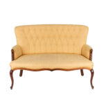 Button Tufted Back Settee in Gold Damask Upholstery