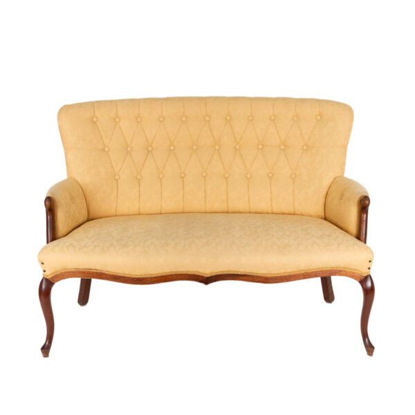 Button Tufted Back Settee in Gold Damask Upholstery - Image 1
