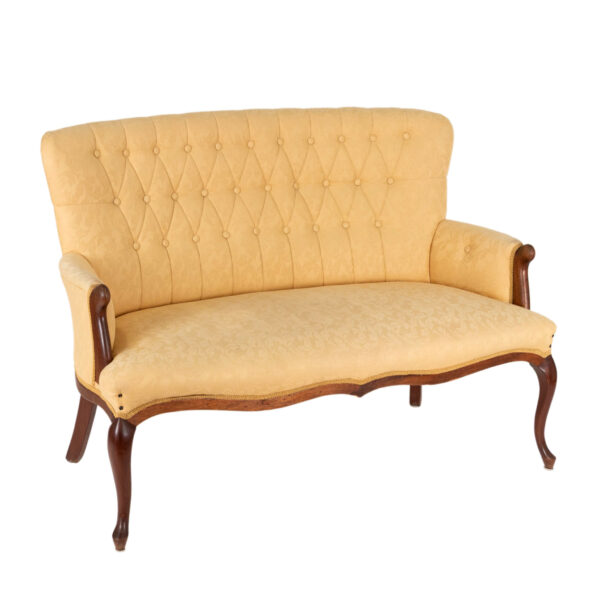 Button Tufted Back Settee in Gold Damask Upholstery - Image 6