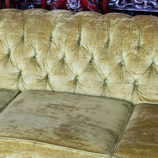 Vintage Chesterfield Style Sofa in Chartreuse Velour Upholstery - Image 4