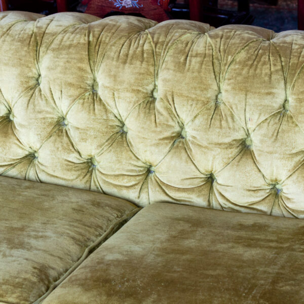 Vintage Chesterfield Style Loveseat in Chartreuse Velour Upholstery - Image 4