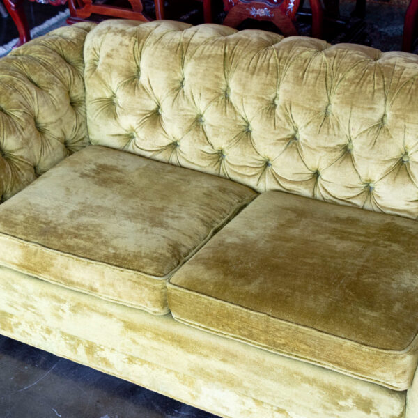 Vintage Chesterfield Style Loveseat in Chartreuse Velour Upholstery - Image 5