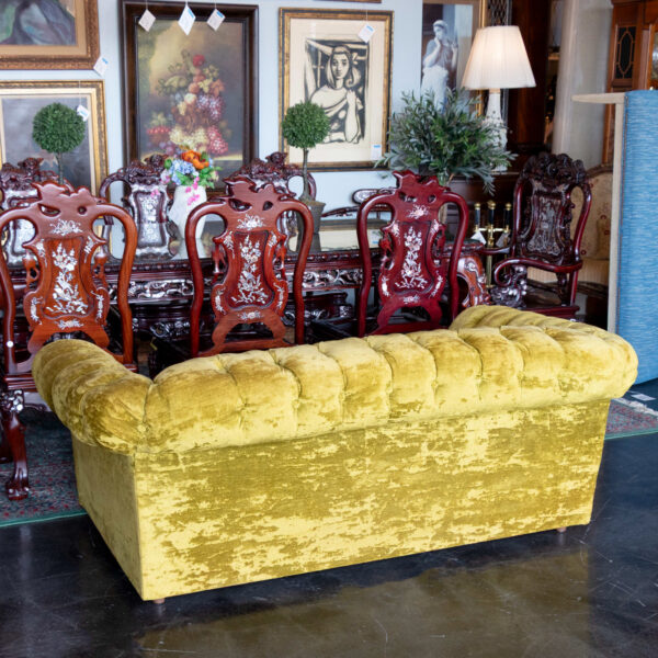 Vintage Chesterfield Style Loveseat in Chartreuse Velour Upholstery - Image 8