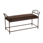 Wrought Iron Bench with Brown Faux Leather Upholstery