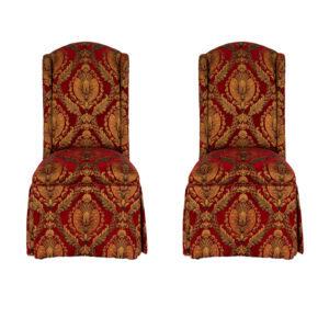 Pair of BAKER Skirted Parsons Chairs in Red and Gold Foliate Upholstery