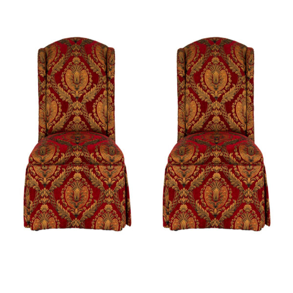 Pair of BAKER Skirted Parsons Chairs in Red and Gold Foliate Upholstery - Image 1