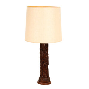 Vintage Carved Wood Lamp with Off White Shade